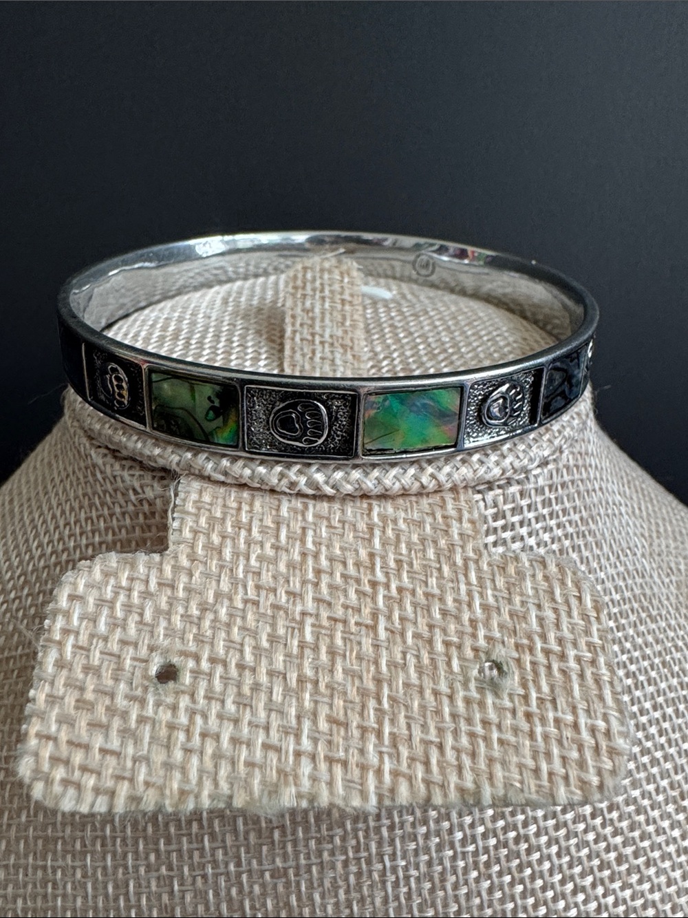 VTG 90s Abalone Shell Bear Paw Panel Bangle Silver Tone Maker Mark M